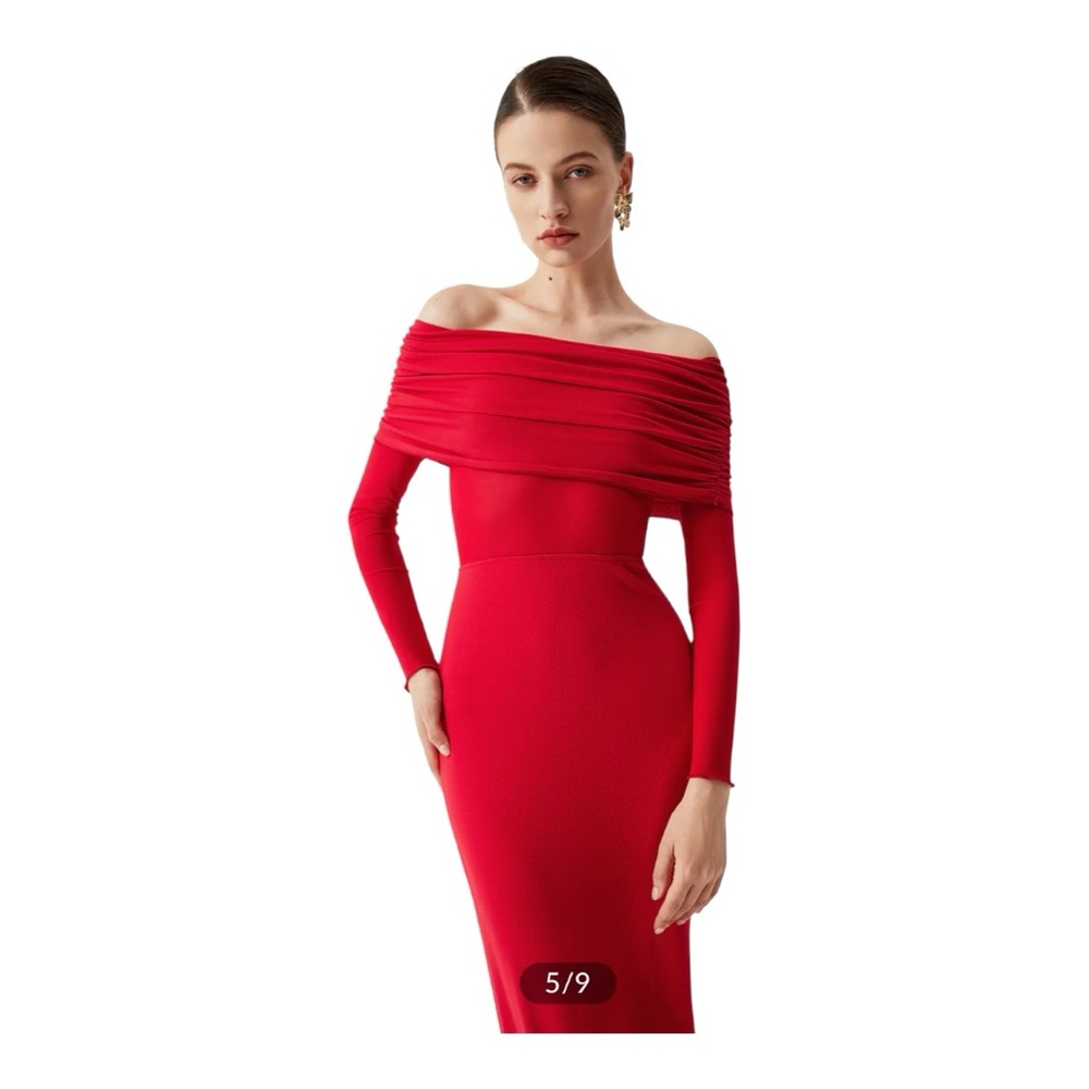 COMMENSE
Semi-Sheer Off-Shoulder Mesh Long Sleeve Long Dress COLOR - Red NWT - Picture 4 of 9